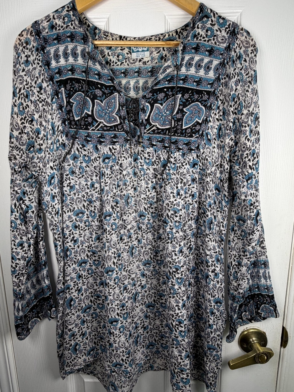 GEETA Blue Floral Peasant Top Free Size 100% Cotton Boho Hippie Cottagecore
